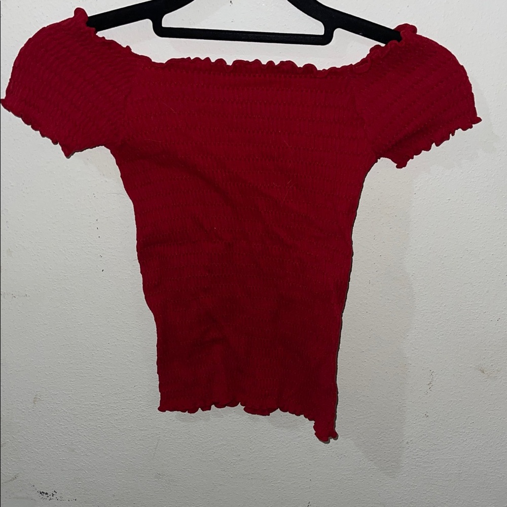 Red Off-Shoulder Ribbed Top - Picture 2 of 3